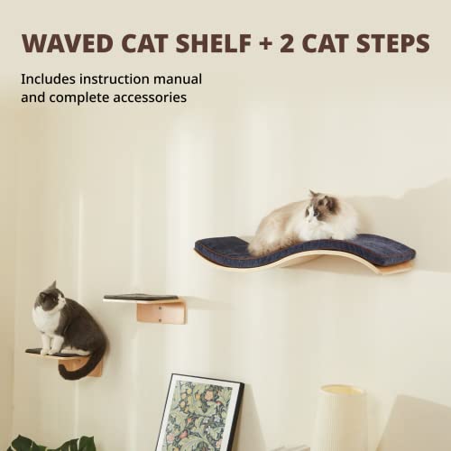 LIORCE Cat Wall Shelf with Two Steps - Wave Cat Shelves and Perches for Wall - Wall Mounted Cats Furniture for Sleeping, Playing, Climbing, and Lounging
