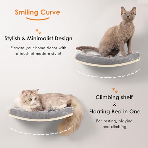 Curved Cat Shelves and Perches, Floating Cat Wall Bed with Comfortable Cushion - color: Wood Shelf+Grey Cushion