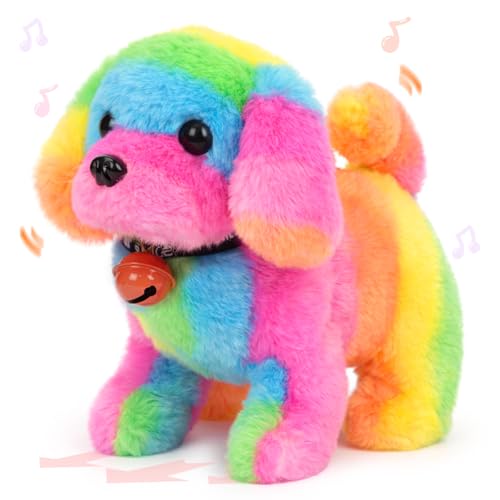 Hopearl Walking Colorful Dog with Bell Interactive Electronic Pet Plush Toy Puppy Woof and Moving Animated Nodding Head Gifts for Toddlers Birthday, Rainbow, 7'' - style: Dog_Straight Rainbow