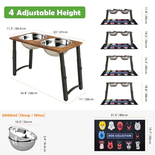Elevated Dog Bowls for Large Extra Large Dogs with Mat, 4 Height Adjustable, 2 Stainless Steel Dog Bowls 3000ml,101oz - color: H:11.8-18.8", 101oz Bowls & Mat