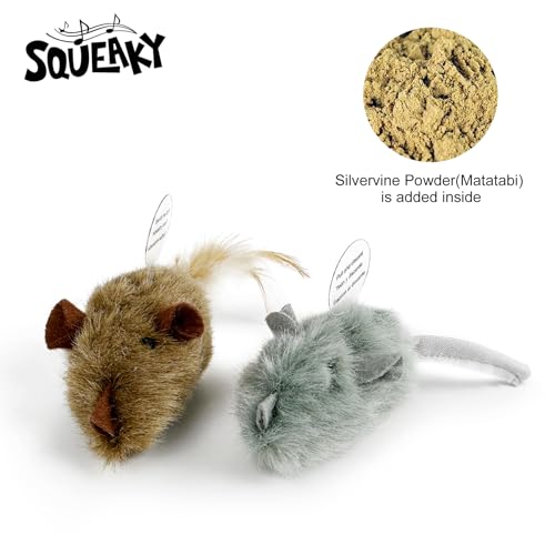TTcat 2 Pack Squeaky Furry Mouse Cat Toys with Silvervine, Realistic Fluffy Mice Kitten Interactive Hunting Toy, Noise-Making Cat Prey Toy for Indoor Cats, Boredom Relief Teaser Chew Toy.