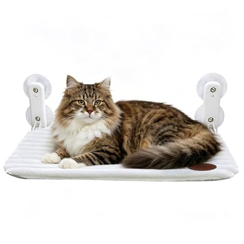 Woochpet Cat Window Perch Bed,Foldable Kitty Windowsill Hammock Shelf Seat,Kitten Window Sill Lounger with Soft Rabbit Fur Cover Cushion Machine Washable,Solid Metal Frame and Strong Suction Cups - color: White-Small