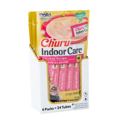 INABA Churu Indoor Care for Hairball Control, Functional Lickable Cat Treat with Taurine & Green Tea Extract, 0.5oz Each, 24 Tubes Total, Chicken Recipe - size: 1 Count (Pack of 24)