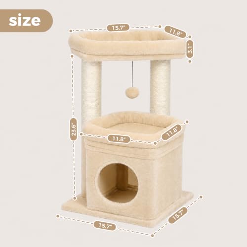 PEQULTI Small Cat Tree Tower for Indoor Cats, Sisal Post & Cozy Condo Beige - color: Beige, size: M(15.7"L x 15.7"W x 26.7"H)
