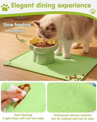 Ceramic Elevated Slow Feeder Cat Bowl Set with Feeding Mat & Measuring Scoop, Raised Tilted Puzzle Bowl for Cats & Small Dogs, Whisker Friendly Pet Feeding Dish for Dry Wet Food (Green) - color: Green