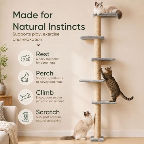80-Inch Wall-Mounted Cat Tree with Scratching Post & 5 Perches