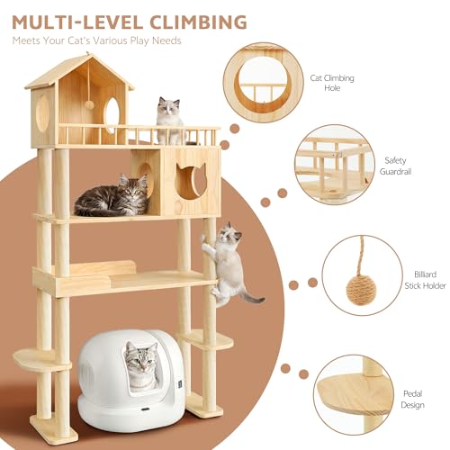 Wood Cat Tree for Automatic Litter Box, 5 Tier Cat Tower, 74 Inch - size: 74.4''H