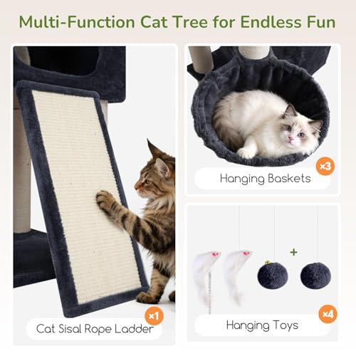 Globlazer 84" Multi-Level Large Cat Tree Tower with Extra Thick Full Sisal Scratching Posts, 2 Cat Condos, 3 Hanging Baskets, 2 Extra Large Platforms & Cat Scratching Ramp,S84, Dark Gray - color: Dark Gray, size: 84 Inch