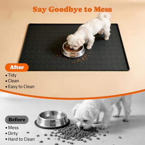 Pawtners Pet Feeding Mat with Raised Edge, 34 x 22 in Dog Food Mat, Black - color: Black