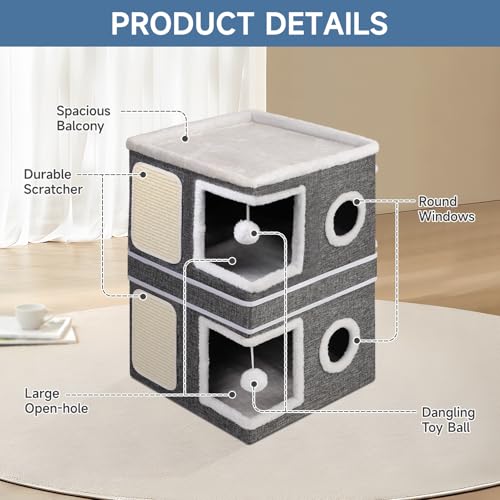 Shikha 2 Story Cat House beds for Indoor Cats with Scratch Pads Grey - color: Grey, size: Double