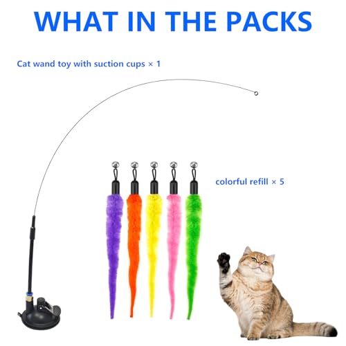 Cat Suction Cup Window Toy for Indoor Cats,with 5 Pcs Detachable Replacements Feathers.