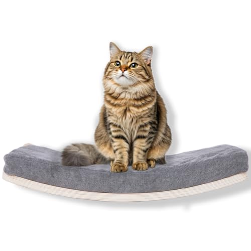 Curved Cat Shelves and Perches, Floating Cat Wall Bed with Comfortable Cushion - color: Wood Shelf+Grey Cushion