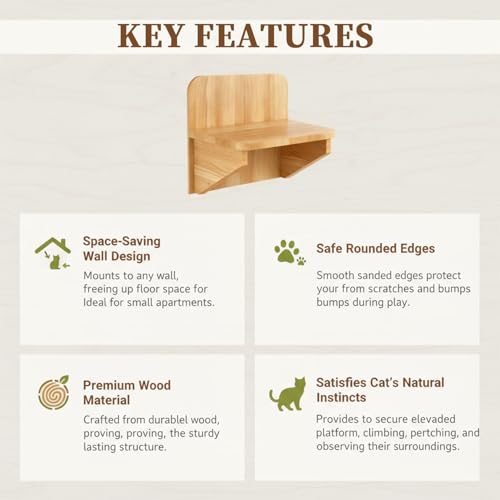 Solid Pine Wood Cat Wall Shelf - Unfinished Natural Wood Perch for Indoor Cats, Wall-Mounted Lounging Bed & Climbing Platform, Space Saving Cat Furniture