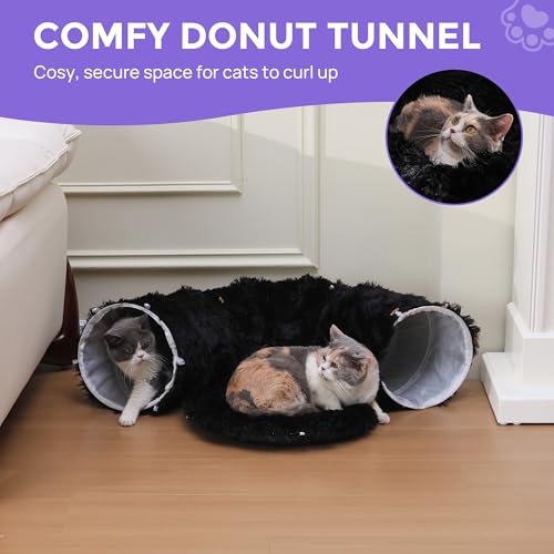 Plush Cat Tunnel Bed for Indoor Cats with Soft Cushion, Multi-Shape Play Cave with Hanging Balls, Large and Foldable Cat Donut Tunnel for Small and Large Pets (Black) - color: Black