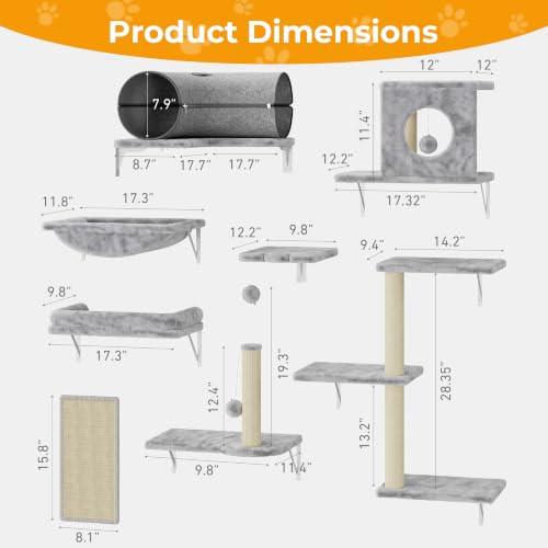 8-in-1 Cat Wall Shelves, Cat Wall Furniture Set - color: Light Grey
