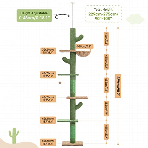 PAWZ Road Cactus Floor-to-Ceiling Cat Tree 5-Tier Cat Tower with Hammock - color: Green, size: Free Stand
