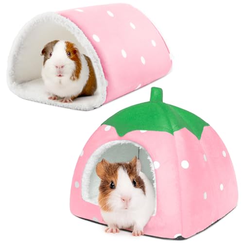 Guinea Pig Hideout with Tunnel, Washable Fleece House Bed - color: Pink strawberry