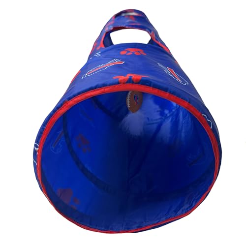 NFL Buffalo Bills Cat Tunnel Tube Toy with Plush Football Catnip and Feathers Collapsible Tunnel for Cats to Play, Peek and Hide, Sporty & Fun Cat Tunnel Toy with Team Logo All-Over Design! - color: Buffalo Bills