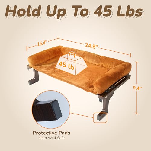 [Ready to Gift] PURRHOUSE 45LBS Cat Window Perch with Bolster, Hammock Seat with Plywood & Metal Frame, Cat Bed for Windowsill, Bedside and Cabinet (Walnut Wood & Brown Cushion, 24.8''W x 9.4''H) - color: Walnut Wood & Brown Cushion