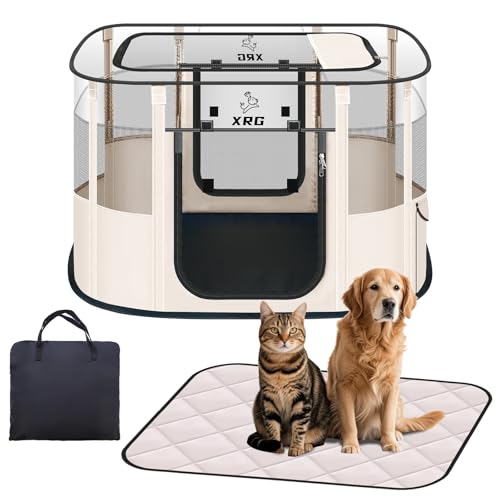 XRG Foldable Dog Playpen with Pad,Indoor Cat Kennel M(31.5"x23.6"x21.7") - color: Beige, style: Medium（31.5"L x 23.6"W x 21.7"H）