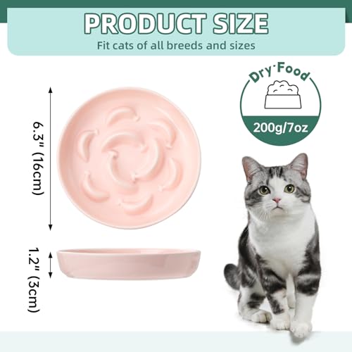Ceramic Slow Feeder Cat Bowl, 6.3'' Wide Whisker Friendly Cat Puzzle Feeder - color: Bowl-Pastel Pink, size: 1.2"H Standard
