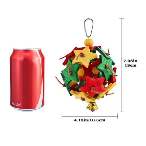 Interactive Bird Toy with Wooden Star Blocks & Leather Knots – Hanging Foraging Ball with Bell for Parrots, Cockatiels, Conures | Cage Climbing & Beak Exercise Toy