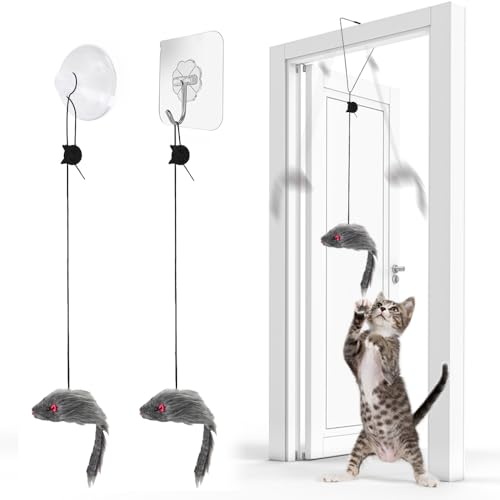 FYNIGO 2 Pcs Interactive Cat Toys for Indoor Cats & Kittens, Hanging Door Mouse Toy Set for Self Play, Bungee String Plush Mice with Clips, Hooks & Suction Cups