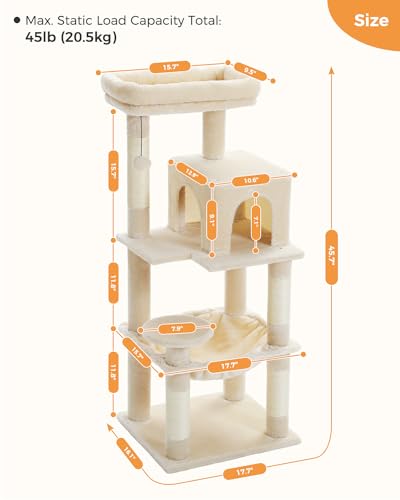 MUTTROS 45.7" Cat Tree with Hammock, Condo & 4 Sisal Posts, Beige - color: Beige, size: 45.7in