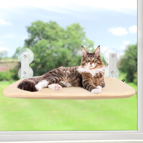 Sunhoo Cat Window Hammock Perch Cordless Perches Window Sill Seat Bed Foldable Stable Lounger Upgraded Suction Cup Easy Assembly Indoor Cats Kitty Shelf Hold Up to 55lbs (Beige, M) - color: beige, size: M