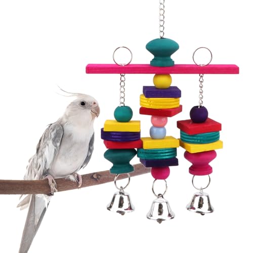 Hypeety Wooden Blocks Bird Chew Toys Natural Hanging Chewing Toy with Bells - color: Wooden Hanging Swing