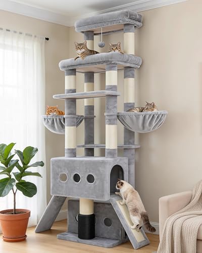 Hey-brother Cat Tree Tower with Multi-Level Platforms, Cozy Condos, MPJ085W - color: Light Gray, size: 71.5 Inches