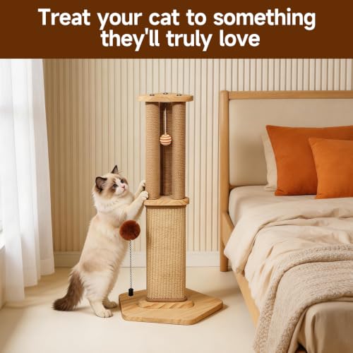 Cat Scratching Post for Indoor Cats,Kitten sisal Scratch Post for Cute Small Medium Adults cat,Rope Scratcher with Ball (27" H)