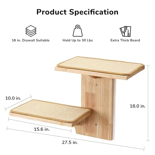 FUKUMARU Cat Wall Shelves, 2 Platform Kitten Wall Furniture, Tree Shape Wall-Mounted Floating Shelf with Sisal Mat, Solid Rubber Wood Cats Perch for 16 Inch Drywall, Suitable for Climb, Play, Nap - color: Sisal mat