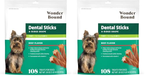 Wonder Bound Beef Flavor Dental Sticks for Tiny Dogs (5-20 lbs), 6-Ridge Shape for Plaque & Tartar Control, Freshens Breath, Formulated with Vitamin C, 108 Count (Pack of 2) - size: 108 Count (Pack of 2)