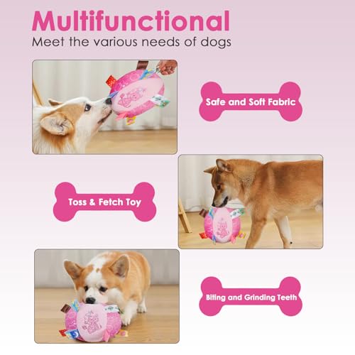 Letalong Dog Squeaky Plush Toy with Straps, 6-Inch Soft Stuffed Ball with Cotton Material and Bell Built-in, Pet Interactive Fetch Toy for Small to Large Dog - color: Pink