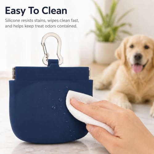 Silicone Dog Treat Pouch for Pet Training One-Hand Access One Cup Silicone Treat Bag with Pull Tab and Auto Closing Lid Treat Pouches for Leash(Color: Blue) - color: Blue