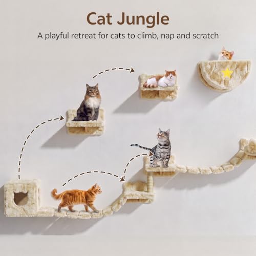 13-in-1 Cat Wall Shelves, Moon & Bridge Cat Wall Furniture, Beige - color: Beige, size: 13-in-1