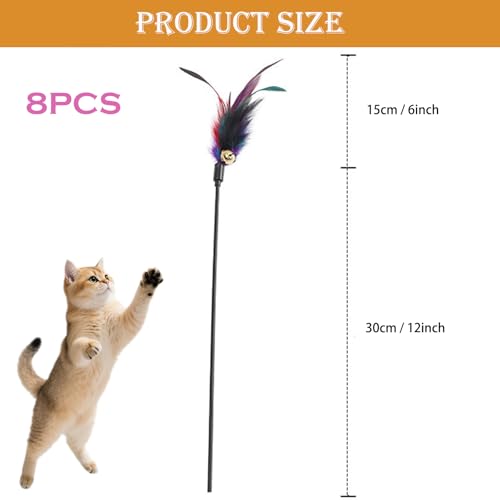 KABASI 8Pack Cat Feather Wand Toys with Bell