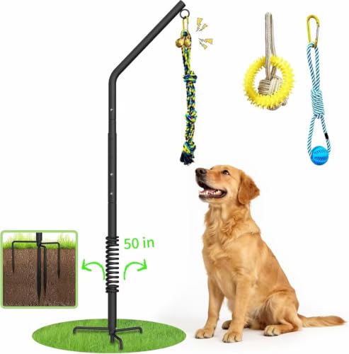 Tether Outdoor Dog Rope Toy with Adjustable Height Spring Pole, 3 Kinds Dog Tug of War Toys for Self Play and Interactive in Park, Yard, Lawn Rope, Suitable for Energetic Dog(50″)