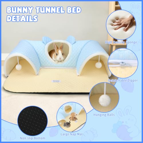 YUEPET 3-Way Bunny Tunnel Bed, Rabbit Play Tunnel for Medium Small Bunnies - color: Blue