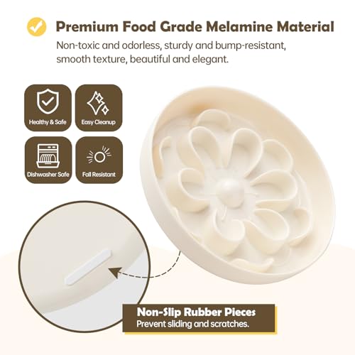 Melamine Slow Feeder Cat Bowl - Cute Blossom Maze Cat Dish - Fun Interactive Plate for Dry & Wet Food - Whisker Friendly - Dishwasher Safe - 6.3''W x 1.1''H - color: White