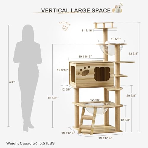 EUREKA ERGONOMIC Cat Tree Large 52 Inch, Wooden Cat Tower Multi-Level Cat Tree Tower for Indoor Cats Large Adult with Scratching Post, House, Pompoms, Cat Stand with Scratch Pad (Yellow) - size: CT02