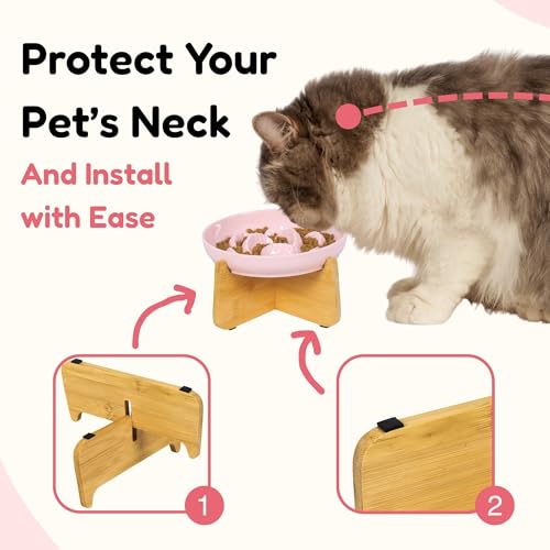 Slow Feeder Cat Bowl with Stand - Unbreakable Elevated Slow Feeder Bowl for Cats - Melamine Puzzle Raised Cat Food Bowl - Whisker Friendly & Wet & Dry Food- Dishwasher Safe & Non Slip (Pink - color: Pink
