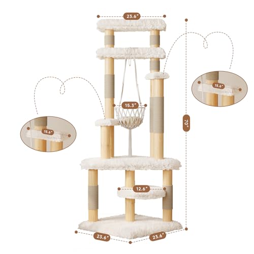 70" Modern Solid Wooden Cat Tree Tower for Large Adult Indoor Cats, Multi-Level Luxury Cat Furniture with Sisal Scratching Post & Hammock, White