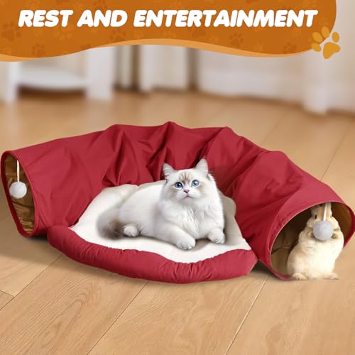 Spardar 2-in-1 Bunny Tunnel Bed, with Removable Mat Hideout, Red - color: Red