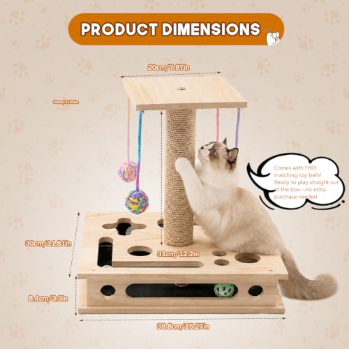Cat Nail File Box, Solid Wood Cat Scratcher with Sandpaper & Enrichment Toy