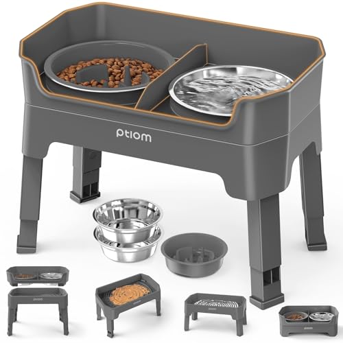 4-in-1 Elevated Slow Feeder Dog Bowls, 4 Height Adjustable Mess Proof Raised Dog Bowl Stand with Licking Plate, 2 Stainless Steel Dog Food Bowl & Slow Feeder for Large Medium Small Dogs Pets - color: Grey, size: 1 Slow Feeder + 2 Stainless Steel Bowls