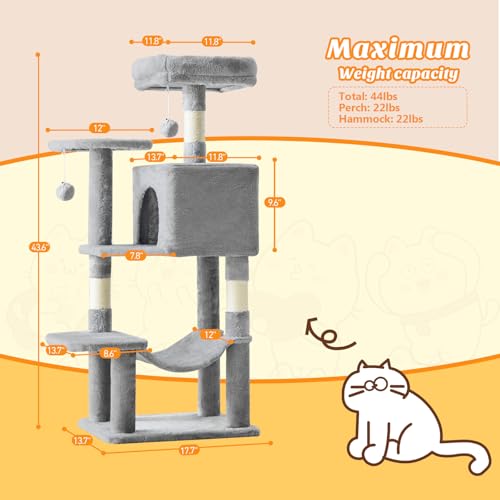 DUMOS 44 Inch Cat Tree Tower with Natural Sisal Scratching Posts - color: Light Grey, size: 44 Inch