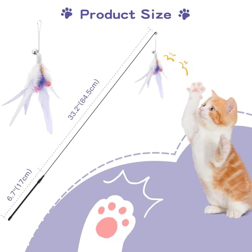 Pawaboo Cat Feather Wand Interactive Toy, 2 Feathers + 1 Wand with Bell - color: Purple