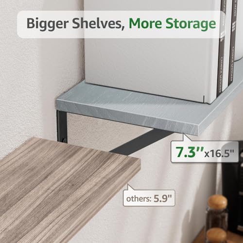 COCOYA Wall Shelves 7.3" Deep Solid Paulownia Wood (Grey, Set of 3) - color: Gray, Set of 3